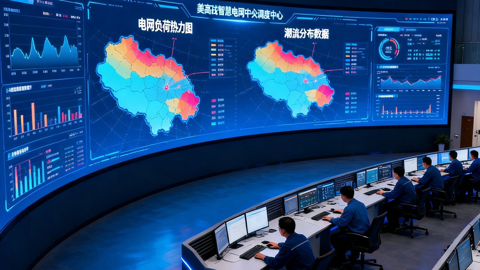 美高梅智慧电网中央调度中心的实时监控大厅，巨型弧形屏幕上显示着电网负荷热力图与潮流分布数据，多名工程师在操作台前专注工作，灯光以深蓝色调为主