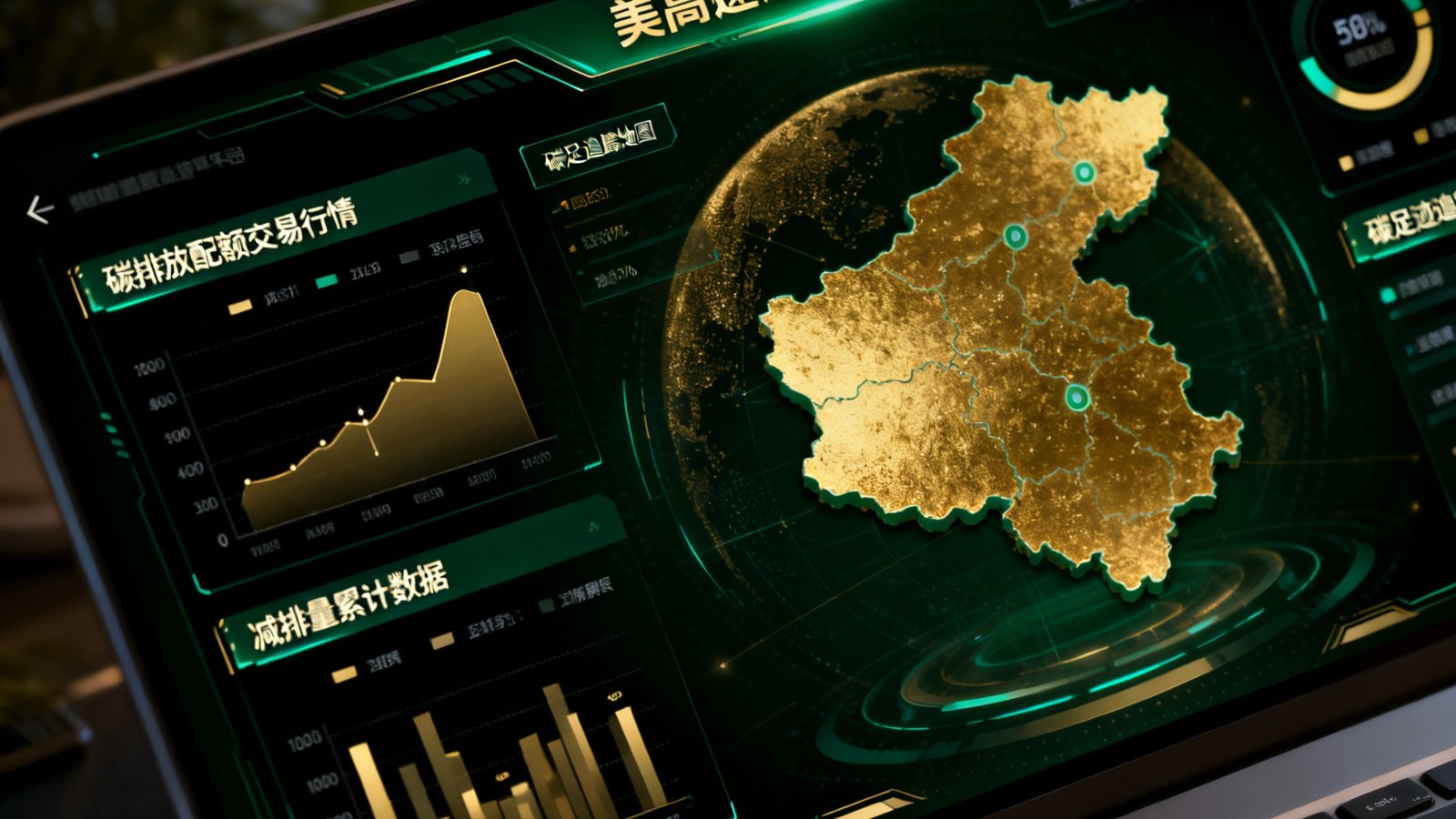 美高梅碳资产管理平台的数字仪表盘界面特写，屏幕以深绿和金色为主色调，实时显示碳排放配额交易行情、碳足迹追踪地图和减排量累计数据