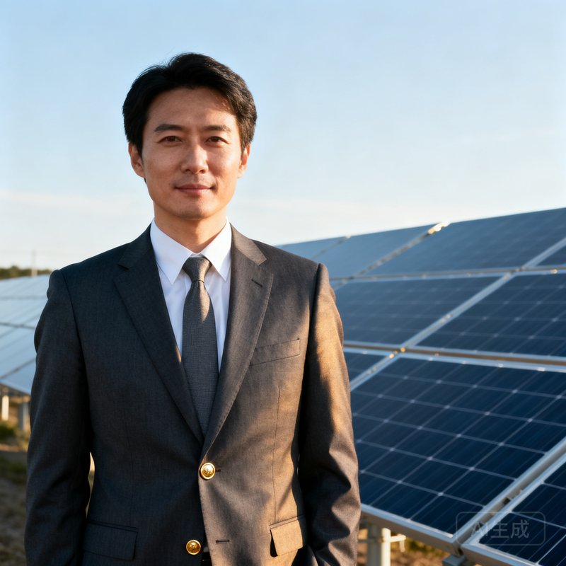 美高梅集团创始人兼CEO陈启明博士的商务肖像照，他身着深灰色西装站在光伏电站前，背景是整齐排列的太阳能板阵列和晴朗天空，神情坚定而温和