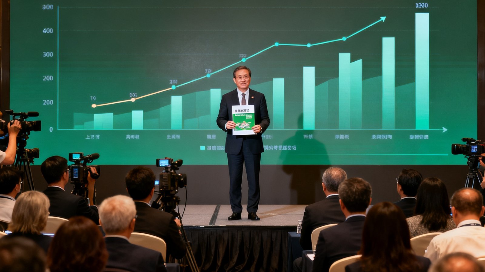 美高梅集团2024年度ESG报告发布会的现场照片，集团高管在台上展示报告封面，背景大屏幕显示碳减排数据图表，台下坐满媒体记者和行业嘉宾